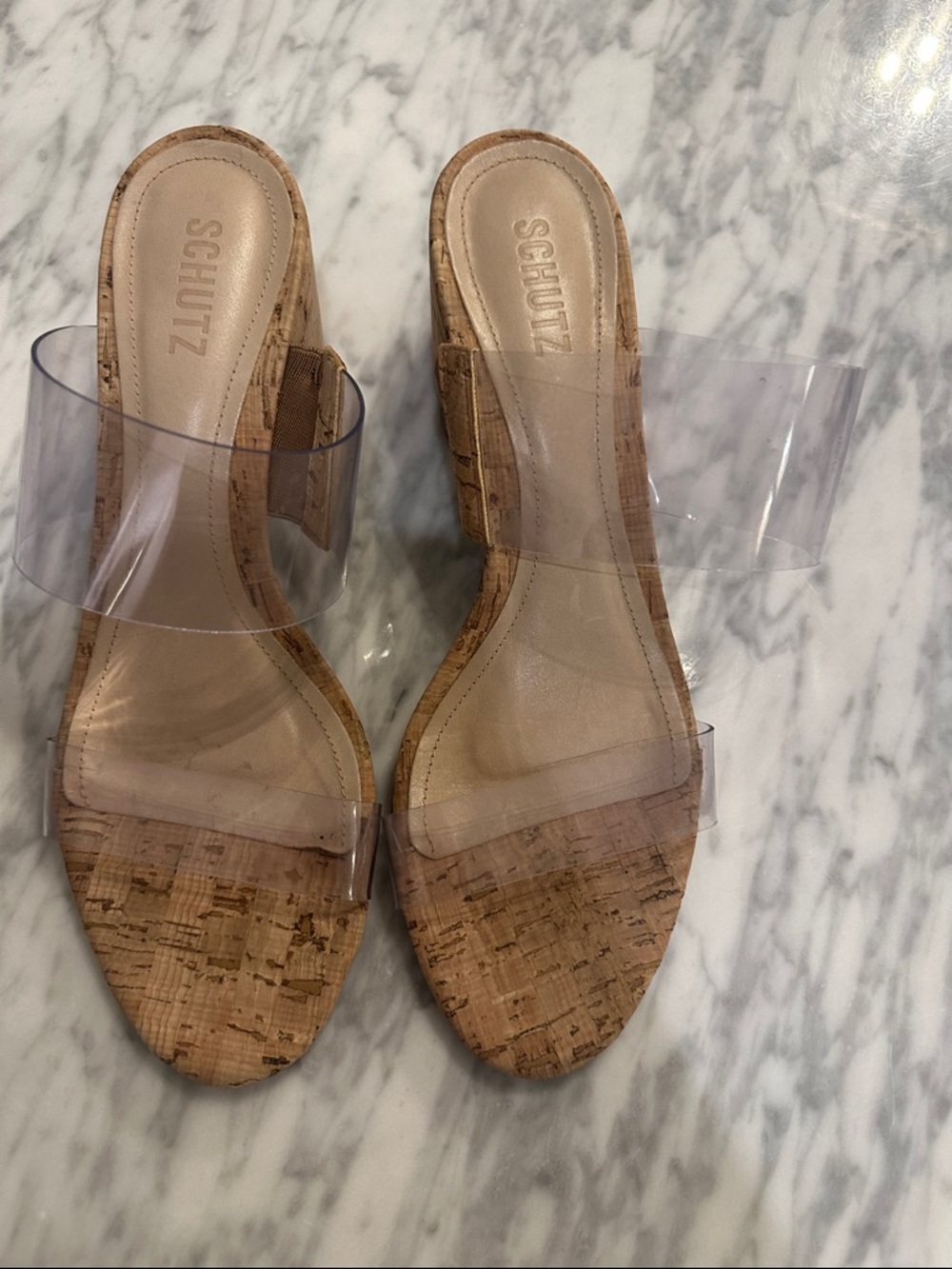 SCHUTZ Clear Strap Cork Slide Sandals - Beigeq Cork